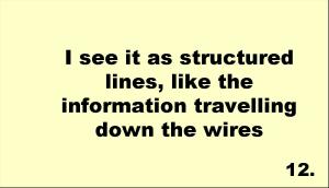 I see it as structured lines, like the information travelling down the wires 