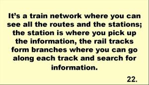 It’s a train network where you can see all the routes and the stations; the station is where you pick up the information, the rail tracks form branches where you can go along each track and search for information.  