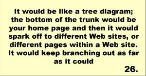 It would be like a tree diagram; the bottom of the trunk would be your home page and then it would spark off to different Web sites, or different pages within a Web site.  It would keep branching out as far as it could 